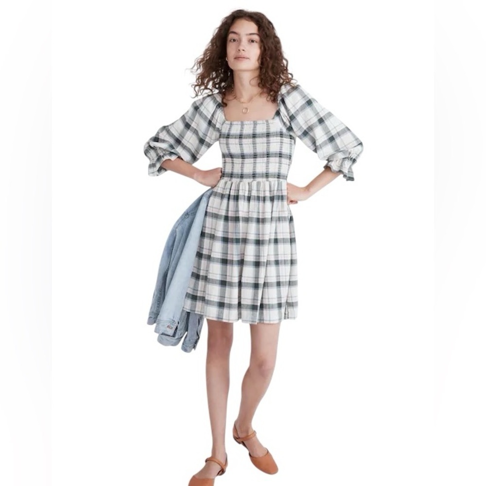 Madewell Lucie Smocked Plaid Puff Sleeve Mini Dress XS